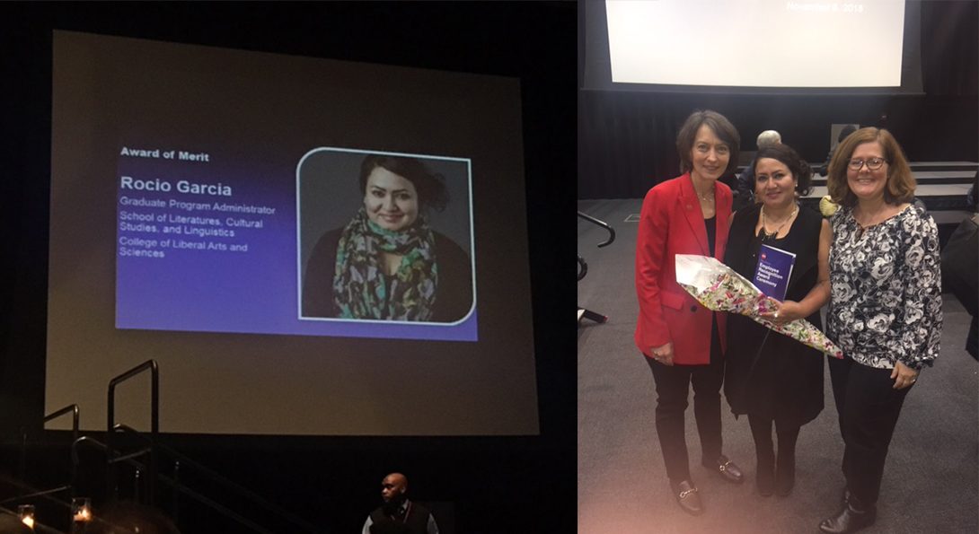 Side-by-side images of a screen showing Ms. García's accomplishments; Ms. García holding flowers and surrounded by Provost Poser and LCSL Interim Director Sara Hall