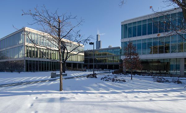 UIC's Grant, Douglas, and Lincoln Halls in the snow with the Willis (Sears) Tower in the background. UIC image.